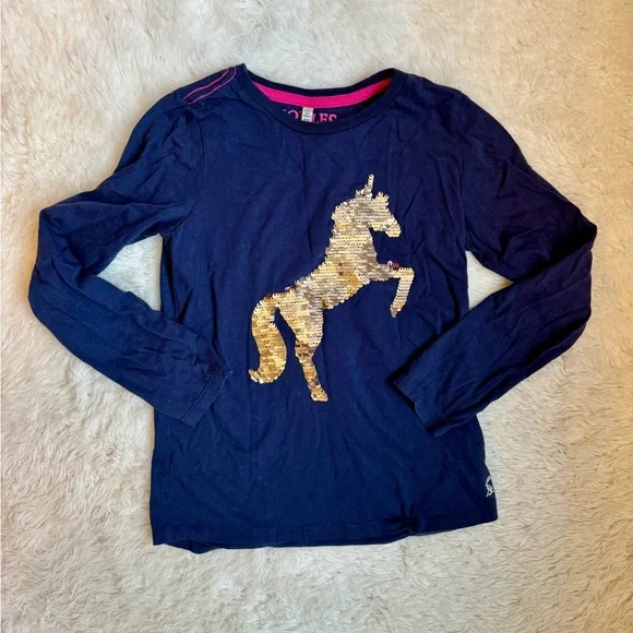 Kids Joules Navy Flip Sequin Unicorn Long Sleeve Tee - Picture 2 of 3
